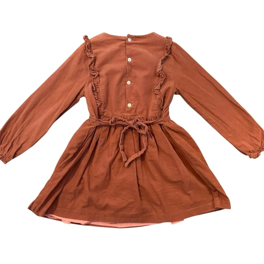 Maison Me Girls Dress Size 7 Rust Corduroy Smocked Long Sleeve Ruffle Cotton